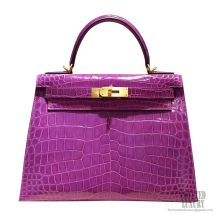 Hermes Kelly 28 Bag 5c Violet Shiny Porosus Croc GHW