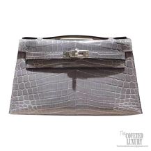 Hermes Mini Kelly 22 Pochette Bag 8m Paris Grey Shiny Nile Croc PHW