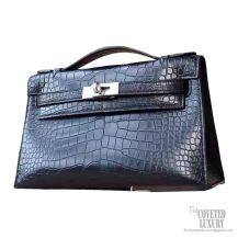 Hermes Mini Kelly 22 Pochette Bag ck89 Noir Matte Alligator PHW