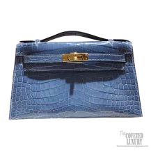 Hermes Mini Kelly 22 Pochette Bag n7 Blue Tempete Shiny Nile Croc GHW