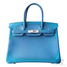 Hermes Birkin 30 Ghillies Bag 7b Turquoise Blue Calfskin SHW