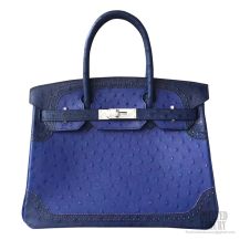 Hermes Birkin 30 Ghillies Bag Multicolored ck73 Blue Saphir Ostrich SHW
