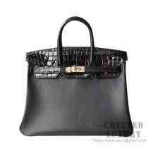 Hermes Touch Birkin 25 Handbag Shiny Noir Alligator And Noir Chevere GHW