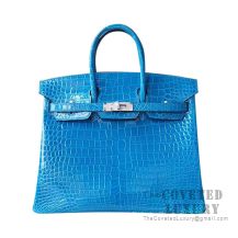 Hermes Birkin 25 Handbag 7W Blue Izmir Shiny Porosus Croc SHW