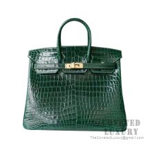 Hermes Birkin 25 Handbag CK67 Vert Fonce Shiny Porosus Croc GHW