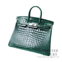 Hermes Birkin 25 Handbag CK67 Vert Fonce Shiny Porosus Croc SHW