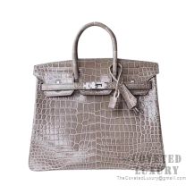 Hermes Birkin 25 Handbag CK81 Gris Tourterelle Shiny Porosus Croc SHW