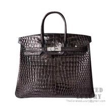 Hermes Birkin 25 Handbag 89 Noir Shiny Porosus Croc SHW