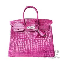 Hermes Birkin 25 Handbag J5 Rose Scheherazade Shiny Porosus Croc SHW