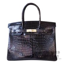 Hermes Birkin 30 Handbag 89 Noir Shiny Porosus Croc GHW