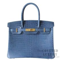 Hermes Birkin 30 Handbag N7 Blue Tempete Shiny Porosus Croc GHW