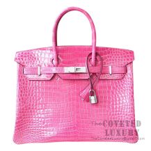 Hermes Birkin 35 Bag 5J Fuschia Pink Shiny Porosus Croc Diamond HW