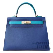 Hermes Kelly 28 Handbag CC73 Blue Saphir And 7F Blue Paon Epsom GHW
