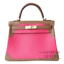 Hermes Kelly 28 Handbag 5J Fuschia Pink And CC18 Etoupe Ghillies GHW