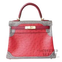 Hermes Kelly 28 Handbag 53 Rouge Vif And B5 Ruby And CC82 Gris Agate Ghillies GHW
