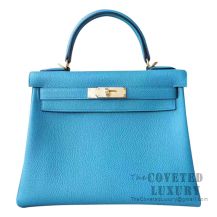 Hermes Kelly 28 Handbag 7B Turquoise Blue Togo GHW