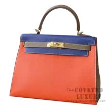 Hermes Kelly 28 Handbag 8V Orange Poppy And 7T Blue Electric And CC18 Etoupe Chevere GHW