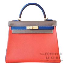 Hermes Kelly 28 Handbag 9J Feu And CC18 Etoupe And 7T Blue Electric Chevere GHW