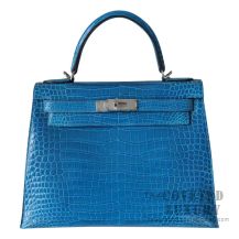 Hermes Kelly 28 Bag 7W Blue Izmir Shiny Porosus Croc SHW
