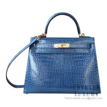 Hermes Kelly 28 Bag N7 Blue Tempete Shiny Porosus Croc GHW