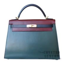 Hermes Kelly 32 Bag 2Q Vert Anglais And 55 Rouge H And 78 Blue Marine Box GHW