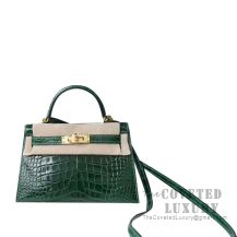 Hermes Mini Kelly II Bag CK67 Vert Fonce Shiny Alligator GHW