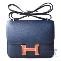 Hermes Mini Constance 18 Bag CC73 Blue Saphir Epsom With 8V Orange Poppy Enamel Buckle