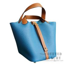 Hermes Picotin Lock 22 Bag 7W Blue Izmir And CK37 Gold Clemence GHW