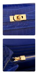 Blue Hermes Dogon Long Wallet with gold hardware close-up