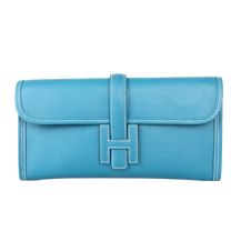 Front angle view of Hermes Jige CK75 blue clutch wallet