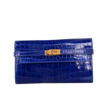 Hermes Kelly Wallet Electric Blue Crocodile Leather Front View