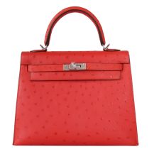 Hermes Kelly 25 Red Ostrich Leather Handbag Front View