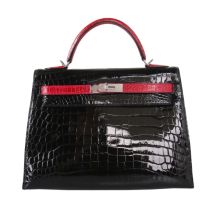 Hermes Kelly 32 in Black and Rouge Casaque Niloticus Crocodile with Palladium Hardware, front view