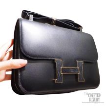 Hermes Constance 23 ck89 Noir Tadelakt Bag Lizard Buckle GHW