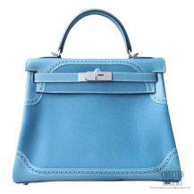 Hermes Kelly 28 Bag Ghillies ck75 Blue Jean Togo PHW