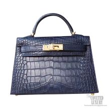 Hermes Mini Kelly II Bag ck76 Blue Indigo Matte Alligator GHW