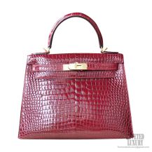 Hermes Kelly 28 Bag ck57 Bordeaus Shiny Porosus Croc PHW