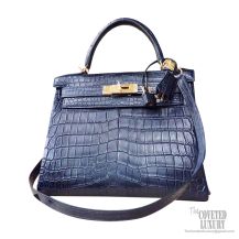 Hermes Kelly 28 Bag ck76 Blue Indigo Matte Nile Croc GHW