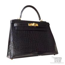 Hermes Kelly 28 Bag ck89 Noir Shiny Porosus Croc GHW