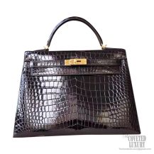 Hermes Kelly 32 Bag ck89 Noir Shiny Porosus Croc GHW