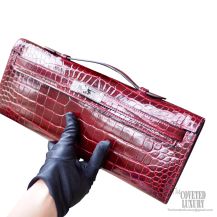 Hermes Kelly Cut 31 Clutch ck57 Bordeaux Shiny Porosus Croc PHW