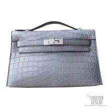 Hermes Mini Kelly 22 Pochette Bag 8m Gris Paris Matte Nile Croc PHW