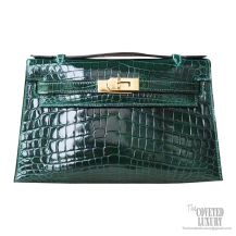 Hermes Mini Kelly 22 Pochette Bag ck67 Vert Fonce Shiny Nile Croc GHW