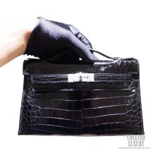 Hermes Mini Kelly 22 Pochette Bag ck89 Noir Shiny Nile Croc PHW