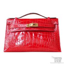 Hermes Mini Kelly 22 Pochette Bag d5 Geranium Shiny Alligator GHW