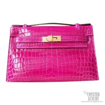 Hermes Mini Kelly 22 Pochette Bag j5 Rose Scheherazade Shiny Nile Croc GHW