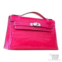 Hermes Mini Kelly 22 Pochette Bag Rose Scheherazade Shiny Nile Croc PHW