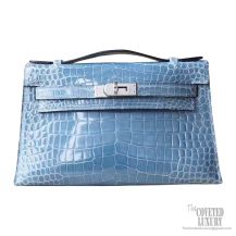 Hermes Mini Kelly 22 Pochette Bag n7 Blue Tempete Shiny Nile Croc PHW