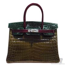 Hermes Birkin 30 Bag Tricolored Vert Fonce Shiny Nile Croc PHW