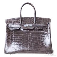 Hermes Birkin 35 Bag cc88 Graphite Shiny Porosus Croc PHW